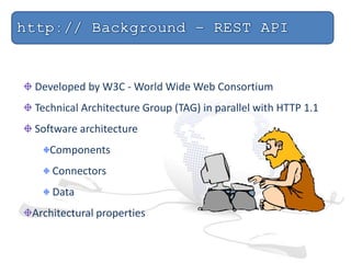 Developed by W3C - World Wide Web Consortium
Technical Architecture Group (TAG) in parallel with HTTP 1.1
Software architecture
Components
Connectors
Data
Architectural properties
 