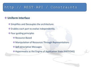 Uniform Interface
Simplifies and Decouples the architecture.
Enables each part to evolve independently.
Four guiding principles
Resource-Based
Manipulation of Resources Through Representations
Self-descriptive Messages
Hypermedia as the Engine of Application State (HATEOAS)
 