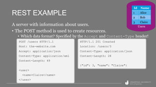 REST EXAMPLE
A server with information about users.
• The POST method is used to create resources.
• Which data format? Specified by the Accept and Content-Type header!
POST /users HTTP/1.1
Host: the-website.com
Accept: application/json
Content-Type: application/xml
Content-Length: 49
<user>
<name>Claire</name>
</user>
HTTP/1.1 201 Created
Location: /users/3
Content-Type: application/json
Content-Length: 28
{"id": 3, "name": "Claire"}
Id Name
1 Alice
2 Bob
3 Claire
Users
 