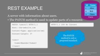 REST EXAMPLE
A server with information about users.
• The PATCH method is used to update parts of a resource.
PATCH /users/1 HTTP/1.1
Host: the-website.com
Content-Type: application/xml
Content-Length: 37
<user>
<name>Amanda</human>
</user>
HTTP/1.1 204 No Content
The PATCH
method is only a
proposed standard.
Id Name
1 Alice
2 Bob
3 Claire
Users
 