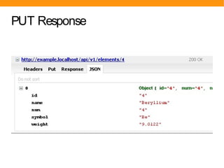 DELETE Request Handler
<?php
// handle DELETE requests for /api/v1/elements
$app->delete('/api/v1/elements/:id', function ...
