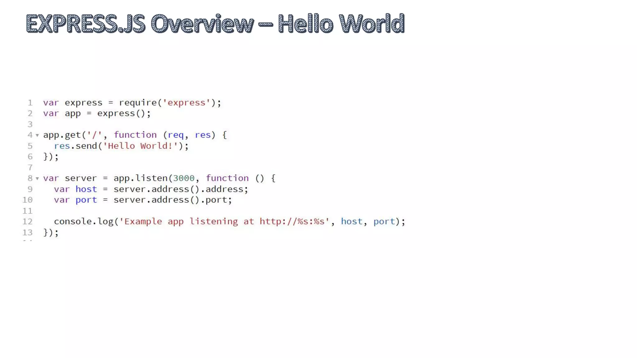  What is Express.js?
 Hello World
 Request and Response
 Router
 Middleware
 