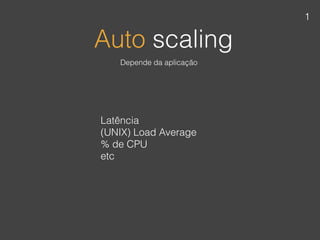 Auto scaling
Latência 
(UNIX) Load Average 
% de CPU 
etc
Depende da aplicação
1
 