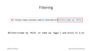 Filtering
$filter=(name eq 'Milk' or name eq 'Eggs') and price lt 2.55
@schneidenbach#NeverRest
 