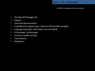 • The OpenAPI /Swagger file
• Support
• Functional documentation
• A dashboard to register apps / obtain an API-key (API-manager)
• Language stubs (Java, PHP, Python, etc.) on Github
• A homepage / productpage
• A revenue-model / pricing
• A launchparty
• Hackathons
Part 3 - API - Deliverables
An API is a product, treat it as such.
 