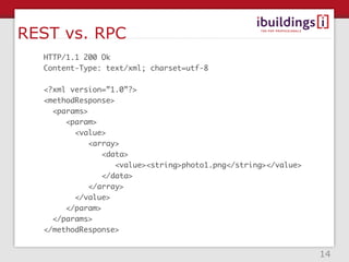 REST vs. RPC
  HTTP/1.1 200 Ok
  Content-Type: text/xml; charset=utf-8

  <?xml version=”1.0”?>
  <methodResponse>
    <params>
       <param>
         <value>
             <array>
                <data>
                   <value><string>photo1.png</string></value>
                </data>
             </array>
         </value>
       </param>
    </params>
  </methodResponse>


                                                                14
 