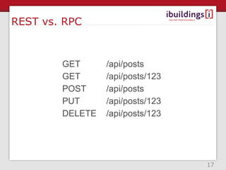 REST vs. RPC



        GET      /api/posts
        GET      /api/posts/123
        POST     /api/posts
        PUT      /api/posts/123
        DELETE   /api/posts/123




                                  17
 