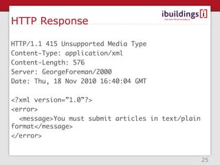 HTTP Response

HTTP/1.1 415 Unsupported Media Type
Content-Type: application/xml
Content-Length: 576
Server: GeorgeForeman/2000
Date: Thu, 18 Nov 2010 16:40:04 GMT

<?xml version=”1.0”?>
<error>
  <message>You must submit articles in text/plain
format</message>
</error>


                                                    25
 
