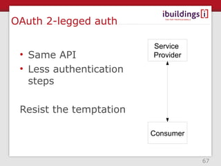 OAuth 2-legged auth

                         Service
 • Same API              Provider
 • Less authentication
   steps

 Resist the temptation

                         Consumer


                                    67
 