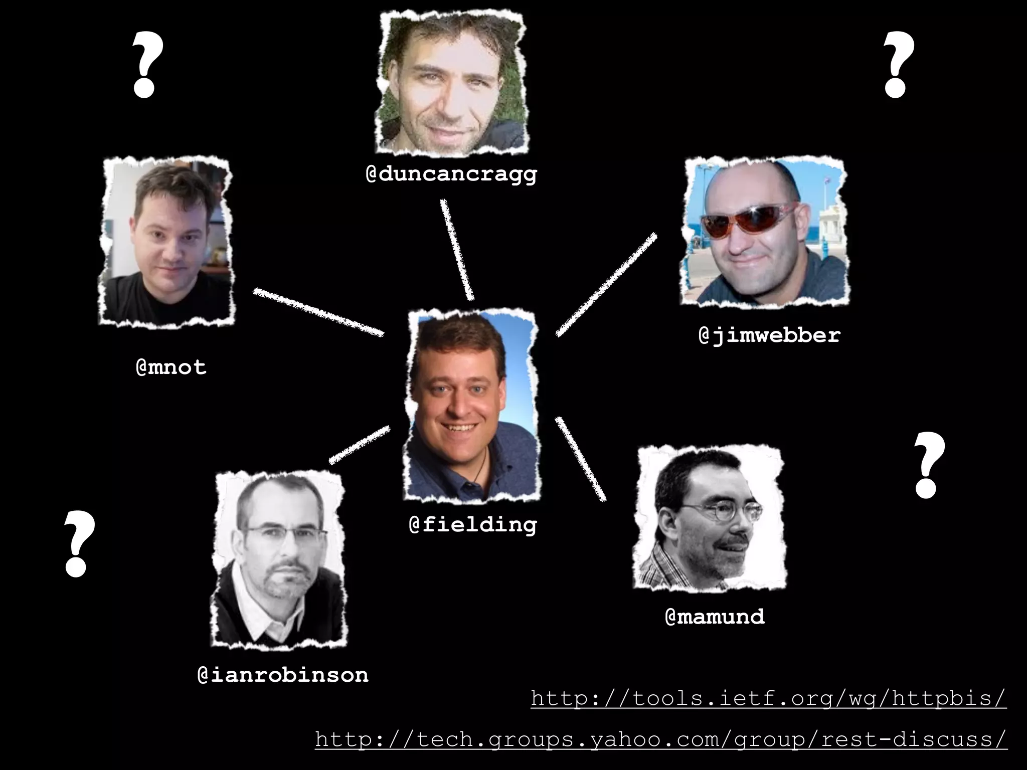 ?                                                  ?
                   @duncancragg




                                          @jimwebber
    @mnot




                                                         ?
?                      @fielding


                                        @mamund

        @ianrobinson
                               http://tools.ietf.org/wg/httpbis/
                http://tech.groups.yahoo.com/group/rest-discuss/
 