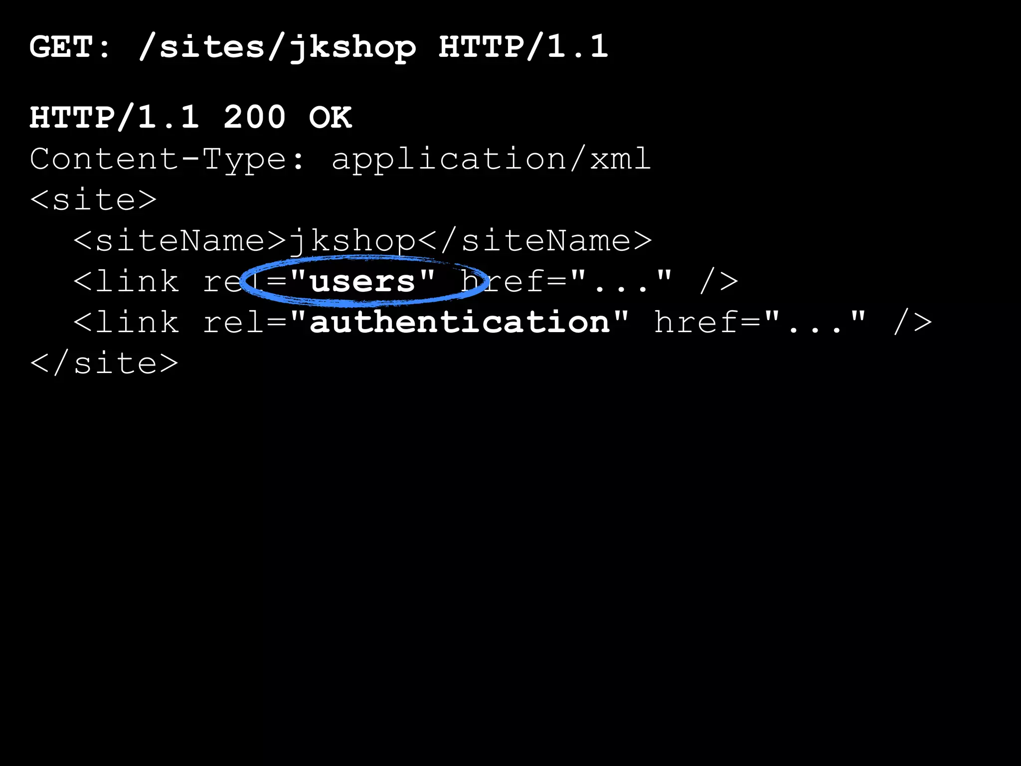 GET: /sites/jkshop HTTP/1.1
HTTP/1.1 200 OK
Content-Type: application/xml
<site>
  <siteName>jkshop</siteName>
  <link rel="users" href="..." />
  <link rel="authentication" href="..." />
</site>
 