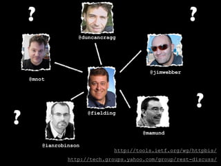 ?                                                  ?
                   @duncancragg




                                          @jimwebber
    @mnot




                                                         ?
?                      @fielding


                                        @mamund

        @ianrobinson
                               http://tools.ietf.org/wg/httpbis/
                http://tech.groups.yahoo.com/group/rest-discuss/
 