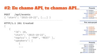 #2: Eu chamo API, tu chamas API...
POST /api/events
{ ‘start’: ‘2015-10-22’, [...] }
----------------------------------------
HTTP/1.1 201 Created
[
{
‘id’: 10,
‘start’: ‘2015-10-22’,
‘topics’: [ ‘PHP’, ‘REST’ ],
‘speakers’: [
{
...
 