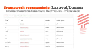 Framework recomendado: Laravel/Lumen
Resources automatizados em Controllers + framework
 
