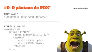 #0: O pântano do POX* *POX: Plain Old XML
POST /api/
<listEvents date=”2015-10-22”/>
----------------------------------------
HTTP/1.1 200 OK
<eventsList>
<event id=”10”>
<dates begin=”2015-10-22”>
<topics>
<topic>PHP</topic>
<topic>REST</topic>
</topics>
[...]
 