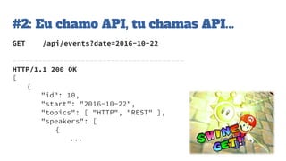 #2: Eu chamo API, tu chamas API...
GET /api/events?date=2016-10-22
----------------------------------------
HTTP/1.1 200 OK
[
{
"id": 10,
"start": "2016-10-22",
"topics": [ "HTTP", "REST" ],
"speakers": [
{
...
 