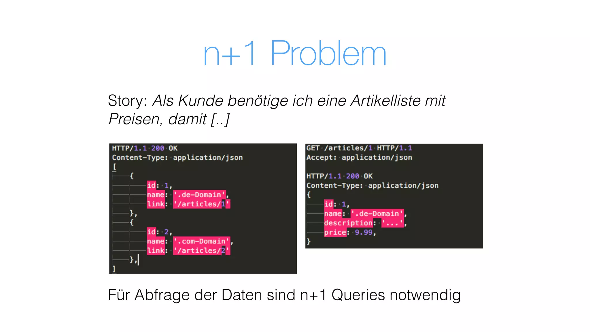 n+1 Problem
Story: Als Kunde benötige ich eine Artikelliste mit
Preisen, damit [..]
Für Abfrage der Daten sind n+1 Queries notwendig
 