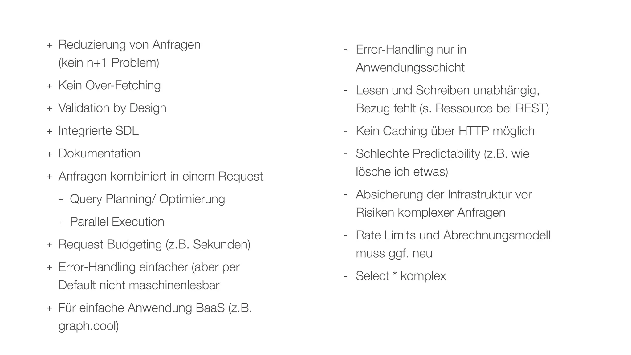 - Error-Handling nur in
Anwendungsschicht
- Lesen und Schreiben unabhängig,
Bezug fehlt (s. Ressource bei REST)
- Kein Caching über HTTP möglich
- Schlechte Predictability (z.B. wie
lösche ich etwas)
- Absicherung der Infrastruktur vor
Risiken komplexer Anfragen
- Rate Limits und Abrechnungsmodell
muss ggf. neu
- Select * komplex
+ Reduzierung von Anfragen  
(kein n+1 Problem)
+ Kein Over-Fetching
+ Validation by Design
+ Integrierte SDL
+ Dokumentation
+ Anfragen kombiniert in einem Request
+ Query Planning/ Optimierung
+ Parallel Execution
+ Request Budgeting (z.B. Sekunden)
+ Error-Handling einfacher (aber per
Default nicht maschinenlesbar
+ Für einfache Anwendung BaaS (z.B.
graph.cool)
 