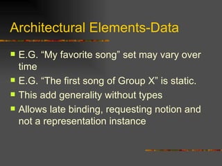 Architectural Elements-Data E.G. “My favorite song” set may vary over time E.G. “The first song of Group X” is static. This add generality without types Allows late binding, requesting notion and not a representation instance 