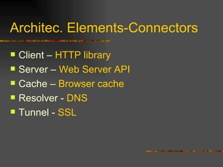 Architec. Elements-Connectors Client –  HTTP library Server –  Web Server API Cache –  Browser cache Resolver -  DNS Tunnel -  SSL 