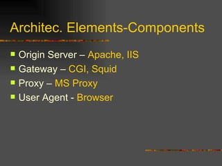 Architec. Elements-Components Origin Server –  Apache, IIS Gateway –  CGI, Squid Proxy –  MS Proxy User Agent -  Browser   