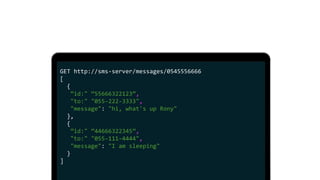 GET http://sms-server/messages/0545556666
[
{
”id:" “55666322123”,
"to:" "055-222-3333",
"message": "hi, what's up Rony"
},
{
”id:" “44666322345”,
"to:" "055-111-4444",
"message": "I am sleeping"
}
]
 