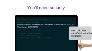 POST http://sms-server/messages
Accept: “json” / “xml”
Authorization: AWSAKIAIOSFODNN7EXAMPLE:frJIUN8DYpKDtOLCw/
Timestamp: 2677432356
{
"from": "054-555-6666",
"to:" "055-222-333",
"message": "hi, what's up Rony"
}
You’ll need security
Hash calculate
is a difficult, complex
integration
 