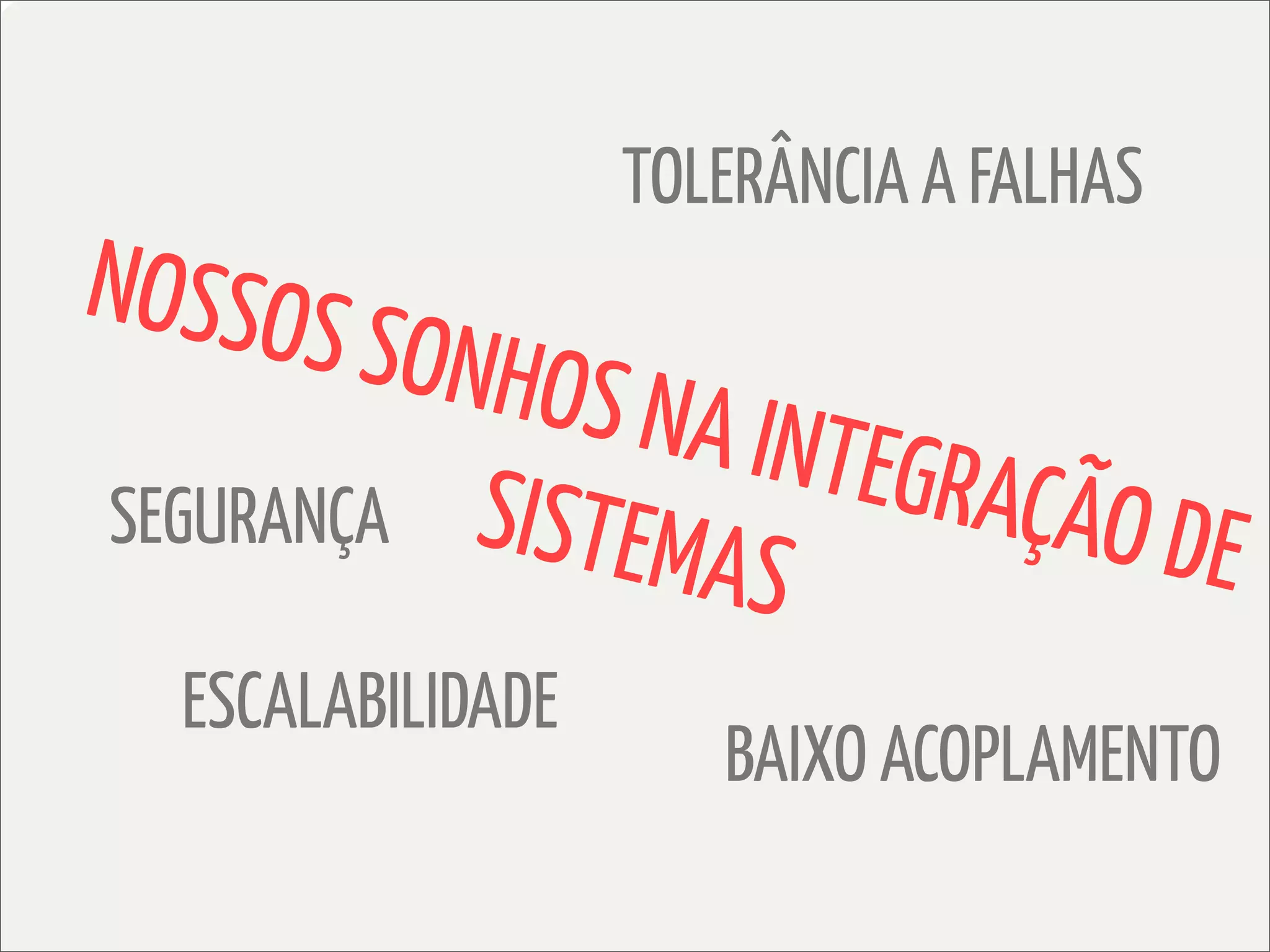 TOLERÂNCIA A FALHAS
NOSSOS
        SONHOS
               NA INTE
SEGURANÇA SISTE       GRAÇÃO
                MAS          DE
  ESCALABILIDADE
                      BAIXO ACOPLAMENTO
 
