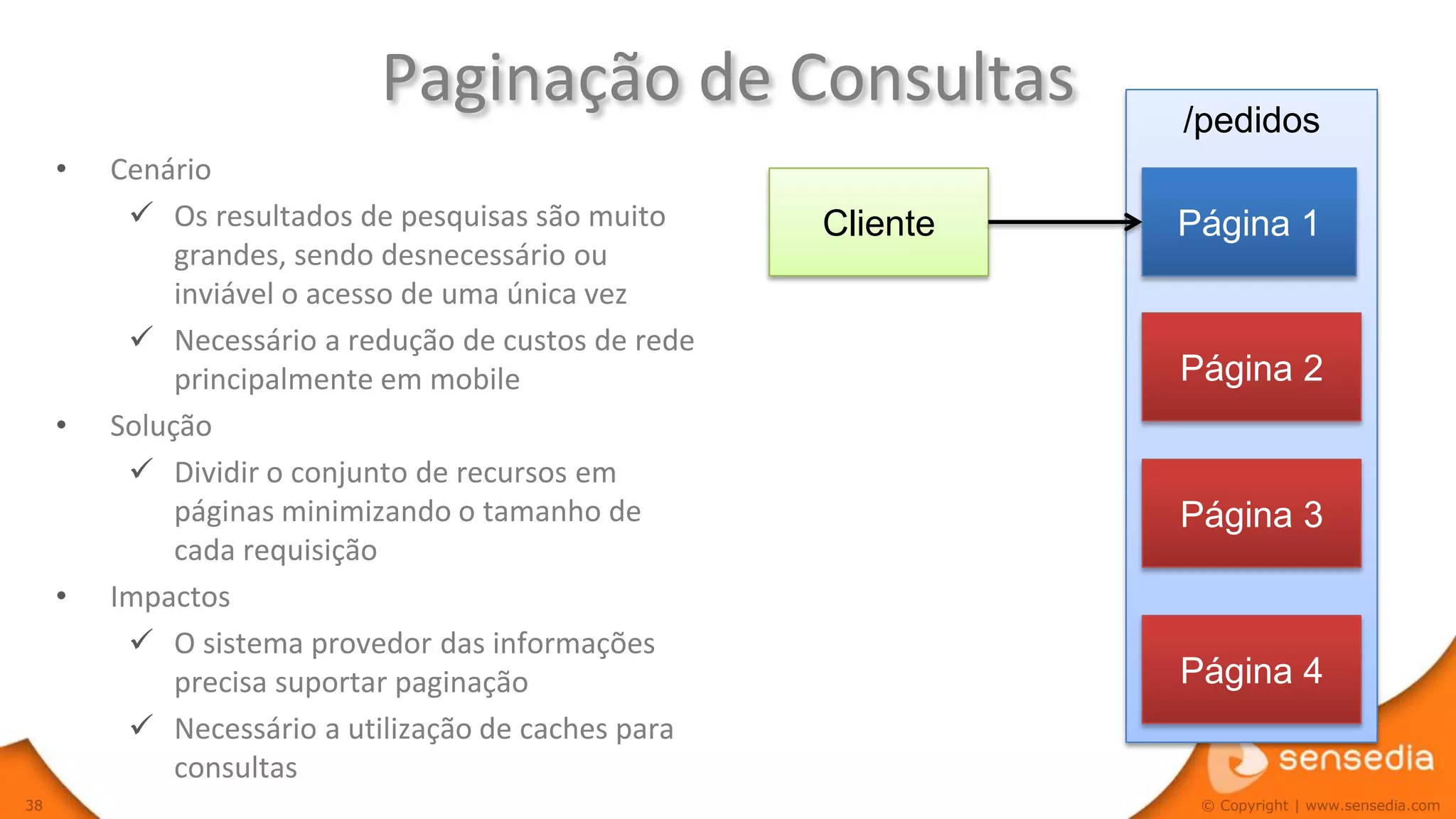 Paginação de Consultas              /pedidos
     •   Cenário
           Os resultados de pesquisas são muito     Cliente   Página 1
              grandes, sendo desnecessário ou
              inviável o acesso de uma única vez
           Necessário a redução de custos de rede
              principalmente em mobile                         Página 2
     •   Solução
           Dividir o conjunto de recursos em
              páginas minimizando o tamanho de                 Página 3
              cada requisição
     •   Impactos
           O sistema provedor das informações
              precisa suportar paginação                       Página 4
           Necessário a utilização de caches para
              consultas
38                                                              © Copyright | www.sensedia.com
 