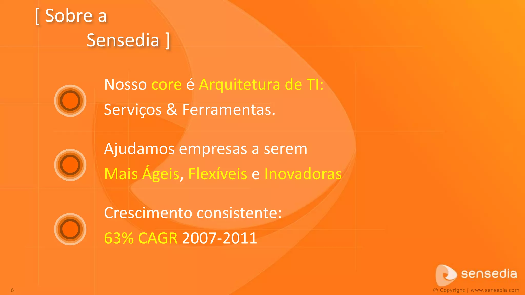 [ Sobre a
          Sensedia ]

            Nosso core é Arquitetura de TI:
            Serviços & Ferramentas.

            Ajudamos empresas a serem
            Mais Ágeis, Flexíveis e Inovadoras

            Crescimento consistente:
            63% CAGR 2007-2011

6                                                © Copyright | www.sensedia.com
 