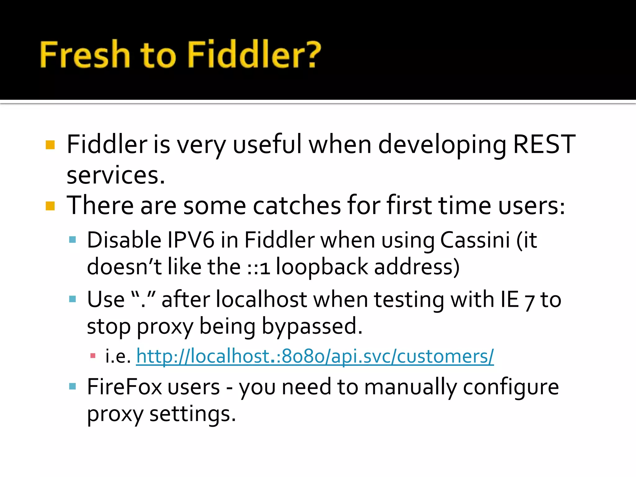 Demo #1WCF Demo - A quick tour of a WCF REST service.webHttpBindingWebGetvsWebInvokeUriTemplatesGET, POST, PUT, & DeleteChanging the representation.