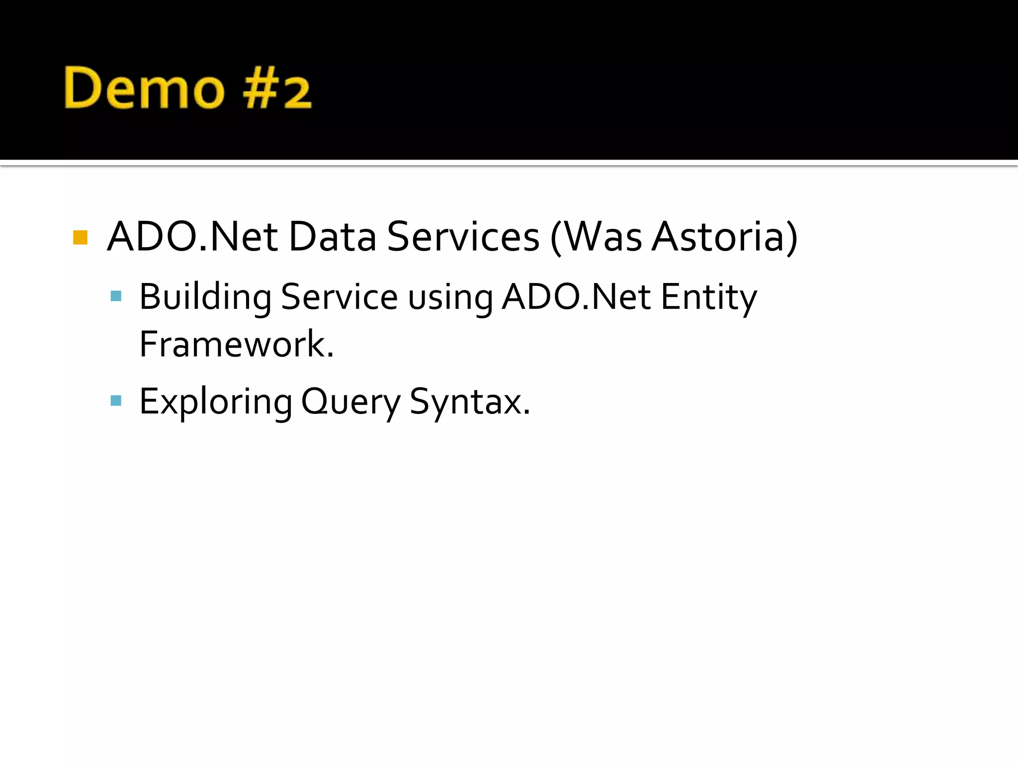 WCF GotchasExceptions end up as 500 errors on client. You need to explicitly set status for non-server errors (i.e. For invalid requests)Uri Templates are fussyTrailing slashes will cause a match to fail, contrary to many peoples expectations.HTTP Method names are case-sensitive.Using “Post” instead of “POST” can make for confusing 405 errors The input/output Representation format is defined at the contract operation level.Targeting multiple representations “across the board” is ugly.Support for linking resources is non-existent.