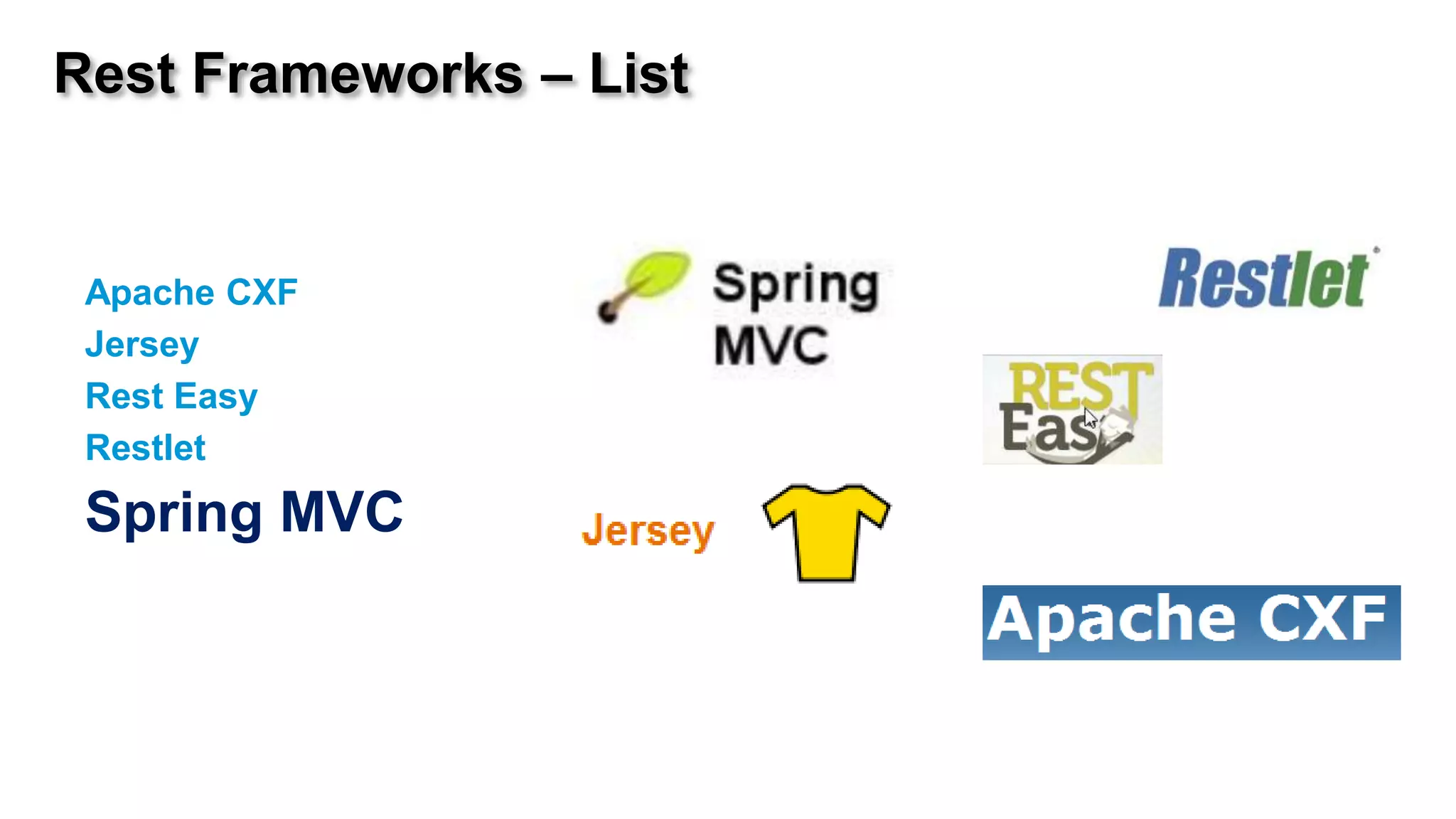 Rest Frameworks – List


 Apache CXF
 Jersey
 Rest Easy
 Restlet
 Spring MVC
 