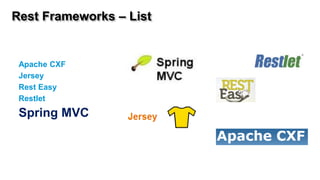 Rest Frameworks – List


 Apache CXF
 Jersey
 Rest Easy
 Restlet
 Spring MVC
 