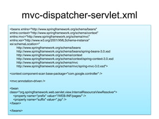 mvc-dispatcher-servlet.xml<beans xmlns="http://www.springframework.org/schema/beans"xmlns:context="http://www.springframework.org/schema/context"xmlns:mvc="http://www.springframework.org/schema/mvc" xmlns:xsi="http://www.w3.org/2001/XMLSchema-instance"xsi:schemaLocation="        http://www.springframework.org/schema/beans             http://www.springframework.org/schema/beans/spring-beans-3.0.xsd        http://www.springframework.org/schema/context         http://www.springframework.org/schema/context/spring-context-3.0.xsd        http://www.springframework.org/schema/mvc        http://www.springframework.org/schema/mvc/spring-mvc-3.0.xsd"><context:component-scan base-package="com.google.controller" /><mvc:annotation-driven /><beanclass="org.springframework.web.servlet.view.InternalResourceViewResolver">    <property name="prefix" value="/WEB-INF/pages/" />    <property name="suffix" value=".jsp" /></bean></beans>