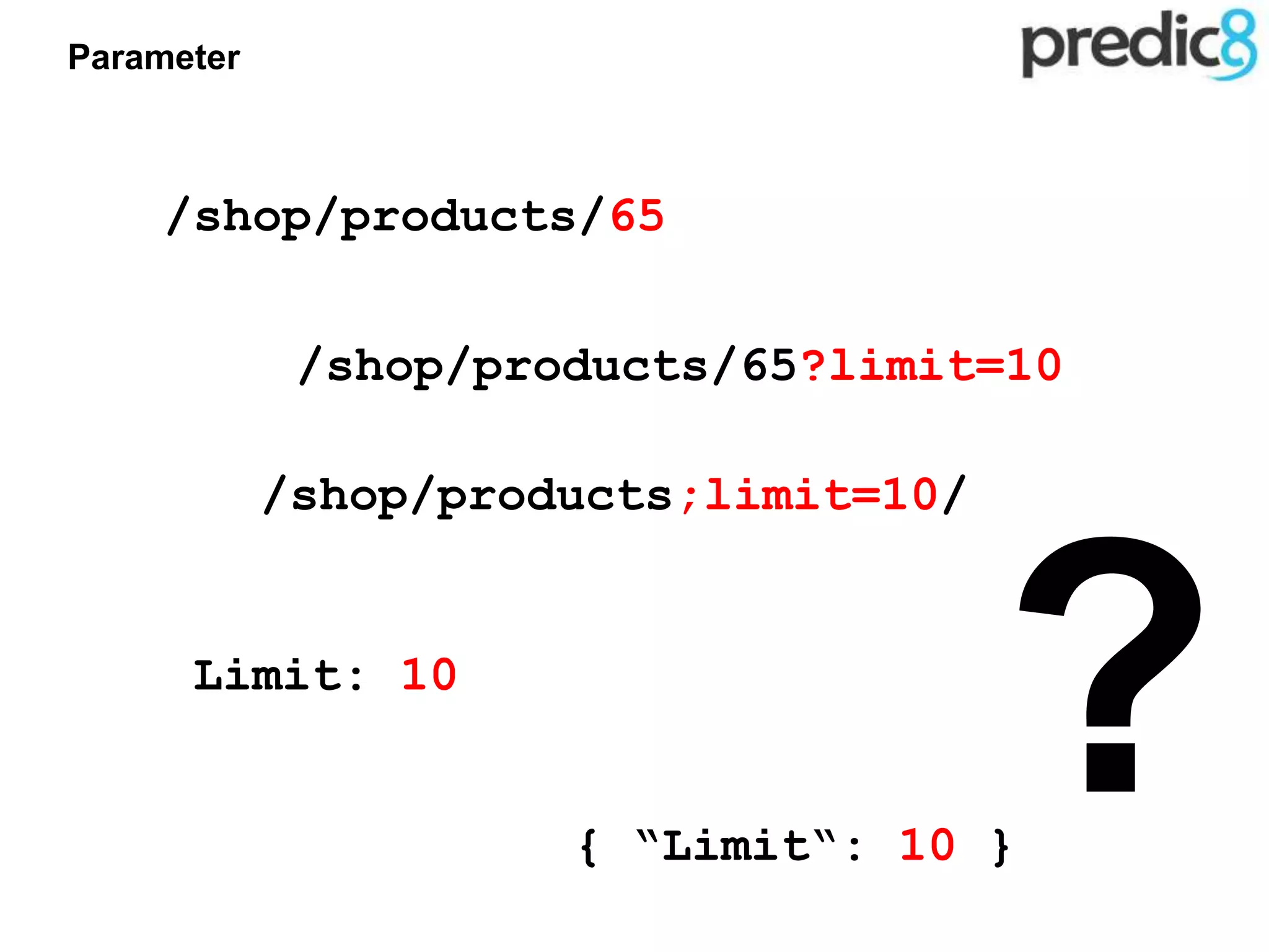 /shop/products/65
/shop/products/65?limit=10
/shop/products;limit=10/
{ “Limit“: 10 }
Parameter
?Limit: 10
 