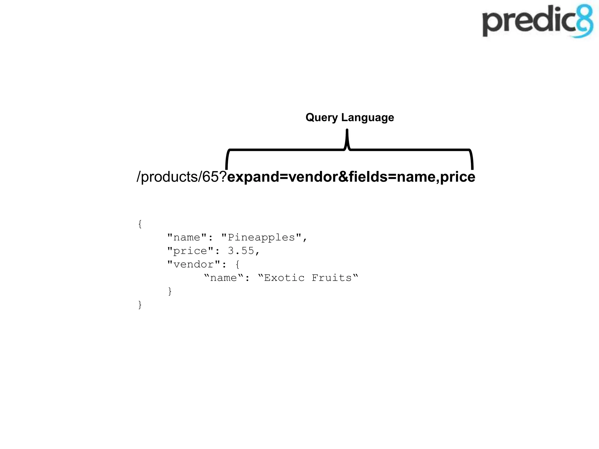 /products/65?expand=vendor&fields=name,price
{
"name": "Pineapples",
"price": 3.55,
"vendor": {
“name“: “Exotic Fruits“
}
}
Query Language
 