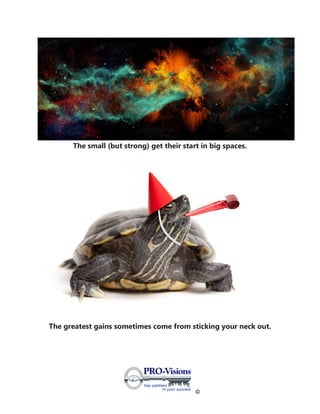©
The small (but strong) get their start in big spaces.
The greatest gains sometimes come from sticking your neck out.
 