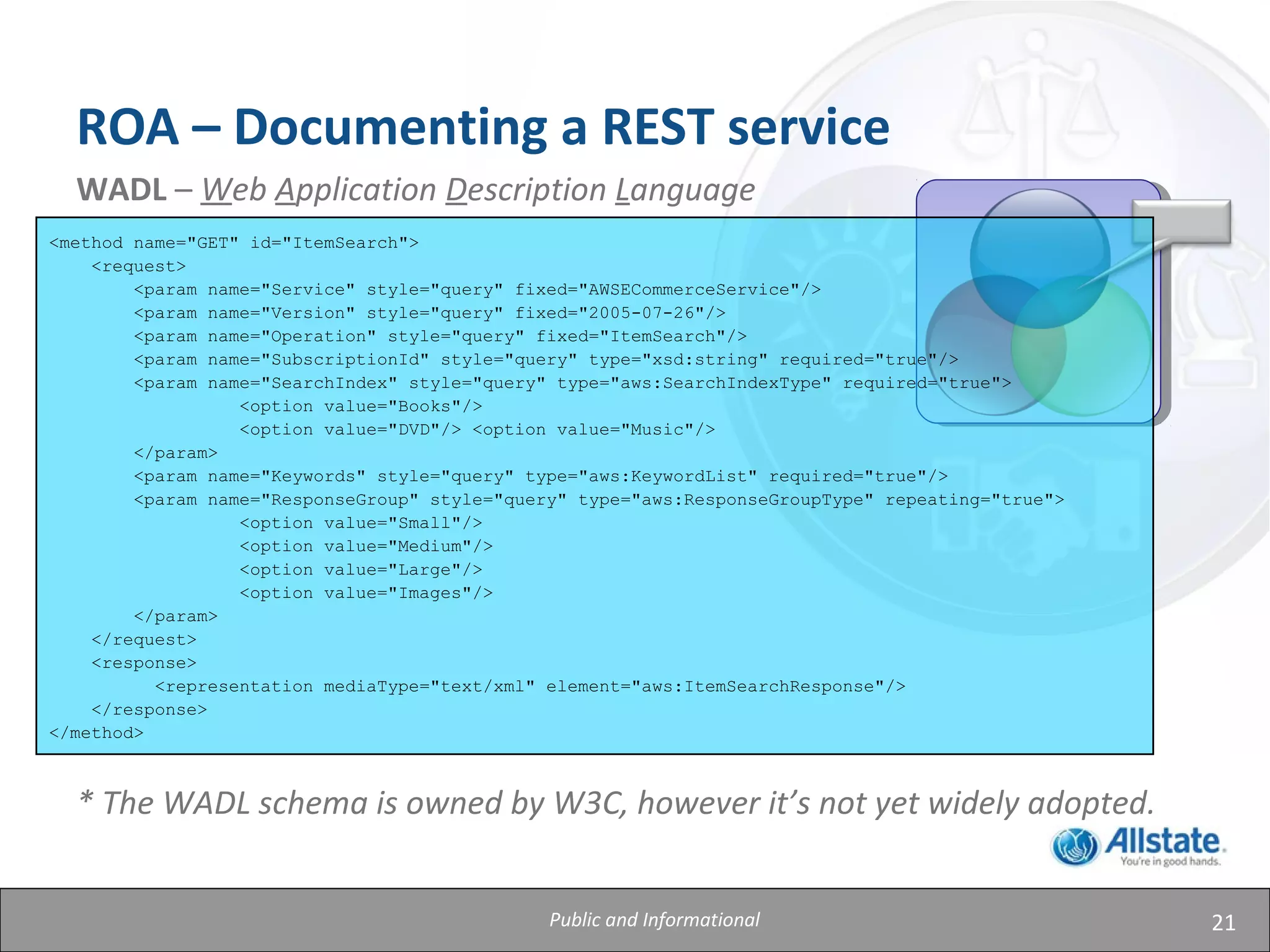 21
ROA – Documenting a REST service
WADL – Web Application Description Language
* The WADL schema is owned by W3C, however it’s not yet widely adopted.
<method name="GET" id="ItemSearch">
<request>
<param name="Service" style="query" fixed="AWSECommerceService"/>
<param name="Version" style="query" fixed="2005-07-26"/>
<param name="Operation" style="query" fixed="ItemSearch"/>
<param name="SubscriptionId" style="query" type="xsd:string" required="true"/>
<param name="SearchIndex" style="query" type="aws:SearchIndexType" required="true">
<option value="Books"/>
<option value="DVD"/> <option value="Music"/>
</param>
<param name="Keywords" style="query" type="aws:KeywordList" required="true"/>
<param name="ResponseGroup" style="query" type="aws:ResponseGroupType" repeating="true">
<option value="Small"/>
<option value="Medium"/>
<option value="Large"/>
<option value="Images"/>
</param>
</request>
<response>
<representation mediaType="text/xml" element="aws:ItemSearchResponse"/>
</response>
</method>
Public and Informational
 