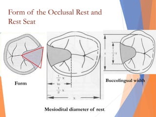 Form of the Occlusal Rest and
Rest Seat
Mesiodital diameter of rest.
Buccolingual width
Form
 