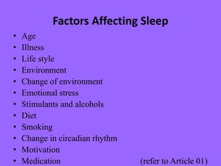 Factors Affecting Sleep
• Age
• Illness
• Life style
• Environment
• Change of environment
• Emotional stress
• Stimulants and alcohols
• Diet
• Smoking
• Change in circadian rhythm
• Motivation
• Medication (refer to Article 01)
 