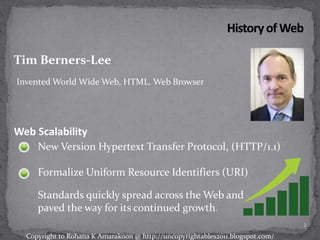 Invented World Wide Web, HTML, Web Browser
Tim Berners-Lee
New Version Hypertext Transfer Protocol, (HTTP/1.1)
Formalize Uniform Resource Identifiers (URI)
Standards quickly spread across the Web and
paved the way for its continued growth.
Web Scalability
2
Copyright to Rohana K Amarakoon @ http://uncopyrightables2011.blogspot.com/
 