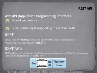 In year 2000 Roy Fielding named and described the Web’s architectural style
“Representational State Transfer” (REST).
REST
REST APIs
Web API (Application Programming Interface)
REST architectural style design of APIs for modern web services. A Web API conforming to
the REST architectural style is a REST API.
Face of web service
Directly listening & responding to client requests
3
Copyright to Rohana K Amarakoon @ http://uncopyrightables2011.blogspot.com/
 