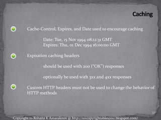 Cache-Control, Expires, and Date used to encourage caching
Date: Tue, 15 Nov 1994 08:12:31 GMT
Expires: Thu, 01 Dec 1994 16:00:00 GMT
Expiration caching headers
should be used with 200 (“OK”) responses
optionally be used with 3xx and 4xx responses
Custom HTTP headers must not be used to change the behavior of
HTTP methods
32
Copyright to Rohana K Amarakoon @ http://uncopyrightables2011.blogspot.com/
 
