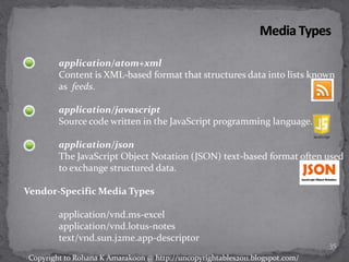 application/atom+xml
Content is XML-based format that structures data into lists known
as feeds.
application/javascript
Source code written in the JavaScript programming language.
application/json
The JavaScript Object Notation (JSON) text-based format often used
to exchange structured data.
Vendor-Specific Media Types
application/vnd.ms-excel
application/vnd.lotus-notes
text/vnd.sun.j2me.app-descriptor
35
Copyright to Rohana K Amarakoon @ http://uncopyrightables2011.blogspot.com/
 