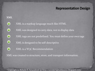 XML
XML is a markup language much like HTML
XML was designed to carry data, not to display data
XML tags are not predefined. You must define your own tags
XML is designed to be self-descriptive
XML is a W3C Recommendation
XML was created to structure, store, and transport information.
37
Copyright to Rohana K Amarakoon @ http://uncopyrightables2011.blogspot.com/
 