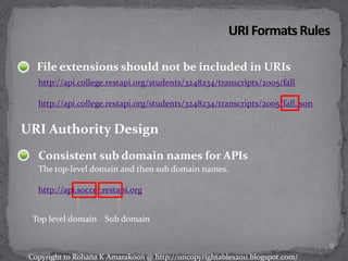File extensions should not be included in URIs
http://api.college.restapi.org/students/3248234/transcripts/2005/fall
http://api.college.restapi.org/students/3248234/transcripts/2005/fall.json
Consistent sub domain names for APIs
The top-level domain and then sub domain names.
http://api.soccer.restapi.org
URI Authority Design
Top level domain Sub domain
9
Copyright to Rohana K Amarakoon @ http://uncopyrightables2011.blogspot.com/
 