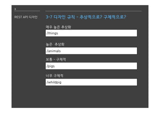 3
REST API 디자인 3-7 디자인 규칙 - 추상적으로? 구체적으로?
매우 높은 추상화
/things
높은 추상화
/animals
보통 - 구체적
/pigs
너무 구체적
/whildpig
 