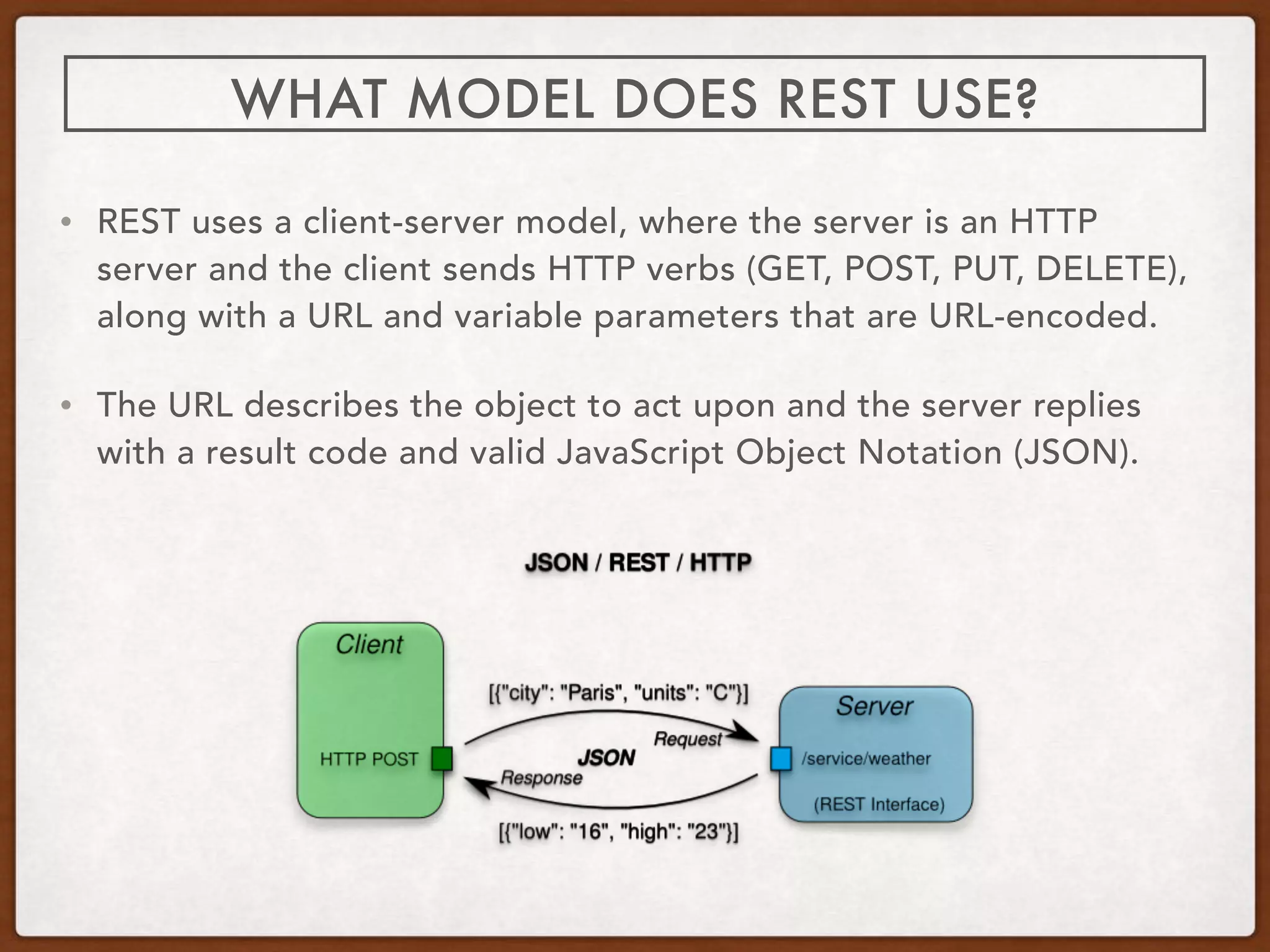 • REST uses a client-server model, where the server is an HTTP
server and the client sends HTTP verbs (GET, POST, PUT, DELETE),
along with a URL and variable parameters that are URL-encoded.
• The URL describes the object to act upon and the server replies
with a result code and valid JavaScript Object Notation (JSON).
WHAT MODEL DOES REST USE?
 
