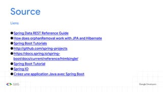 Source
Liens
●Spring Data REST Reference Guide
●How does orphanRemoval work with JPA and Hibernate
●Spring Boot Tutorials
●http://github.com/spring-projects
●https://docs.spring.io/spring-
boot/docs/current/reference/htmlsingle/
●Spring Boot Tutorial
●Spring IO
●Créez une application Java avec Spring Boot
 